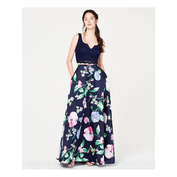 NWT CITY STUDIO Womens Navy Lace Glitter Prom Top 5 - Picture 1 of 5